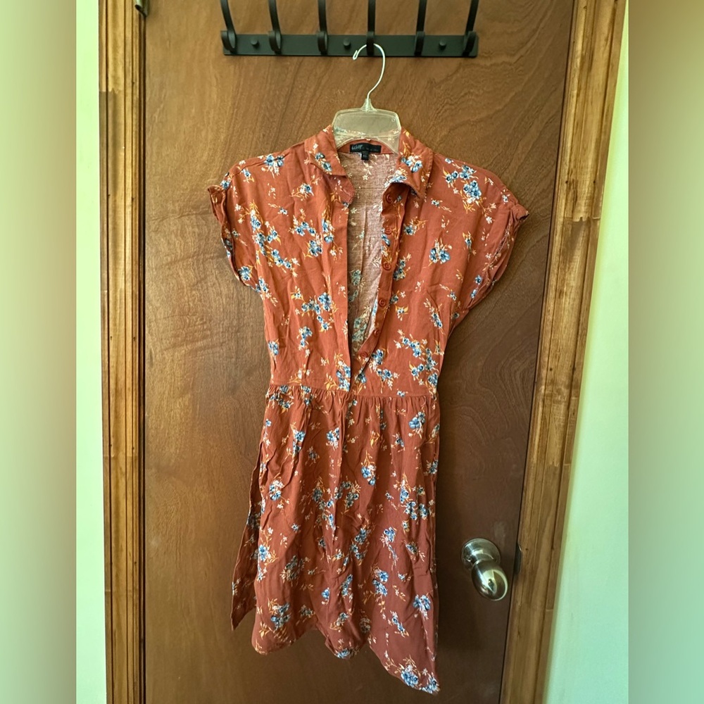 BeBop Rust Shirt Dress with Blue and White Floral Pattern